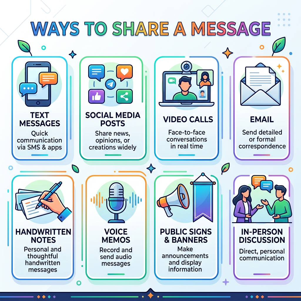 Icons and descriptions of text messages, social media posts, video calls, email, handwritten notes, voice memos, public signs and banners, and in-person discussion as ways to share messages.