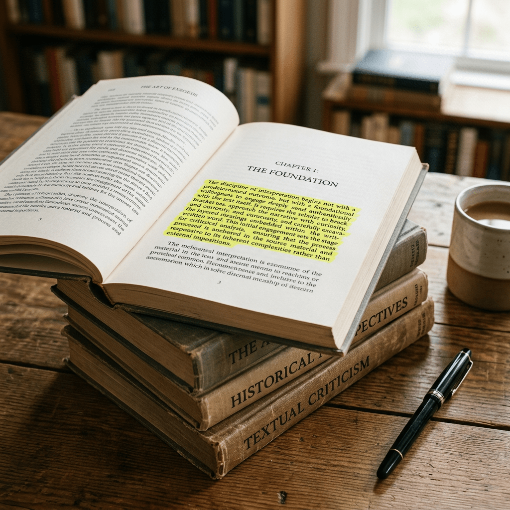 Open book titled 'Chapter 1: The Foundation' with highlighted text on interpretation